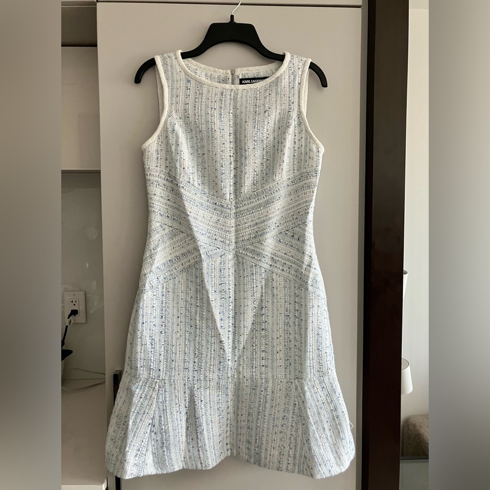 Karl Lagerfeld Tweed Blue White Ruffled Tiered Sheath Dress